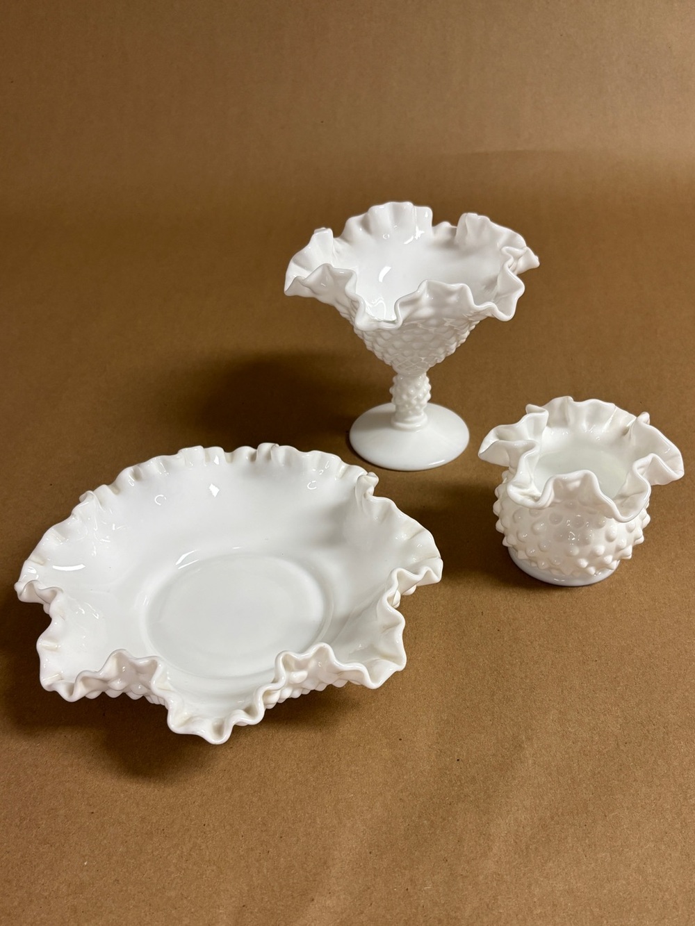 Vintage Fenton Hobnail Milk Glass Set of 3 ✨ Ruffled Compote, Dish & Vase